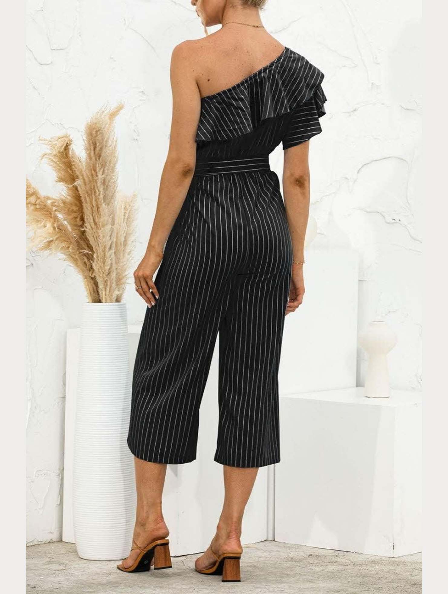 SLANTED SHOULDER RUFFLED STRIPED JUMPSUIT - Doublju