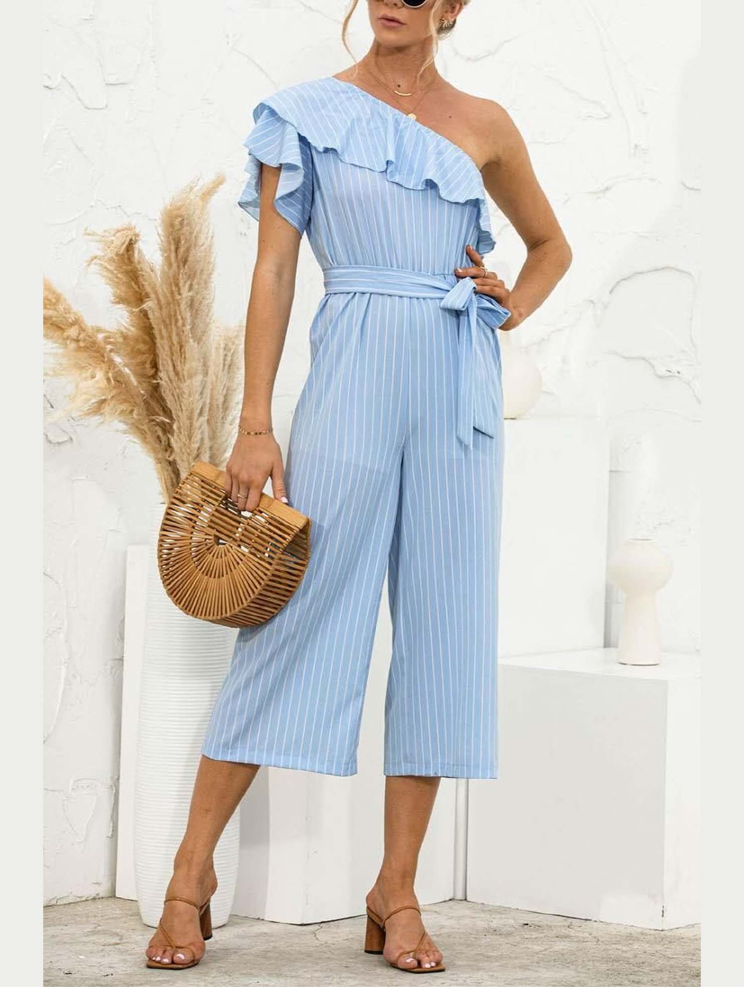 SLANTED SHOULDER RUFFLED STRIPED JUMPSUIT - Doublju