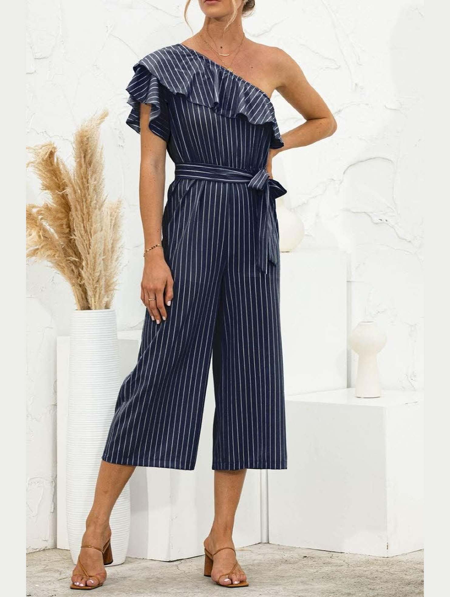 SLANTED SHOULDER RUFFLED STRIPED JUMPSUIT - Doublju