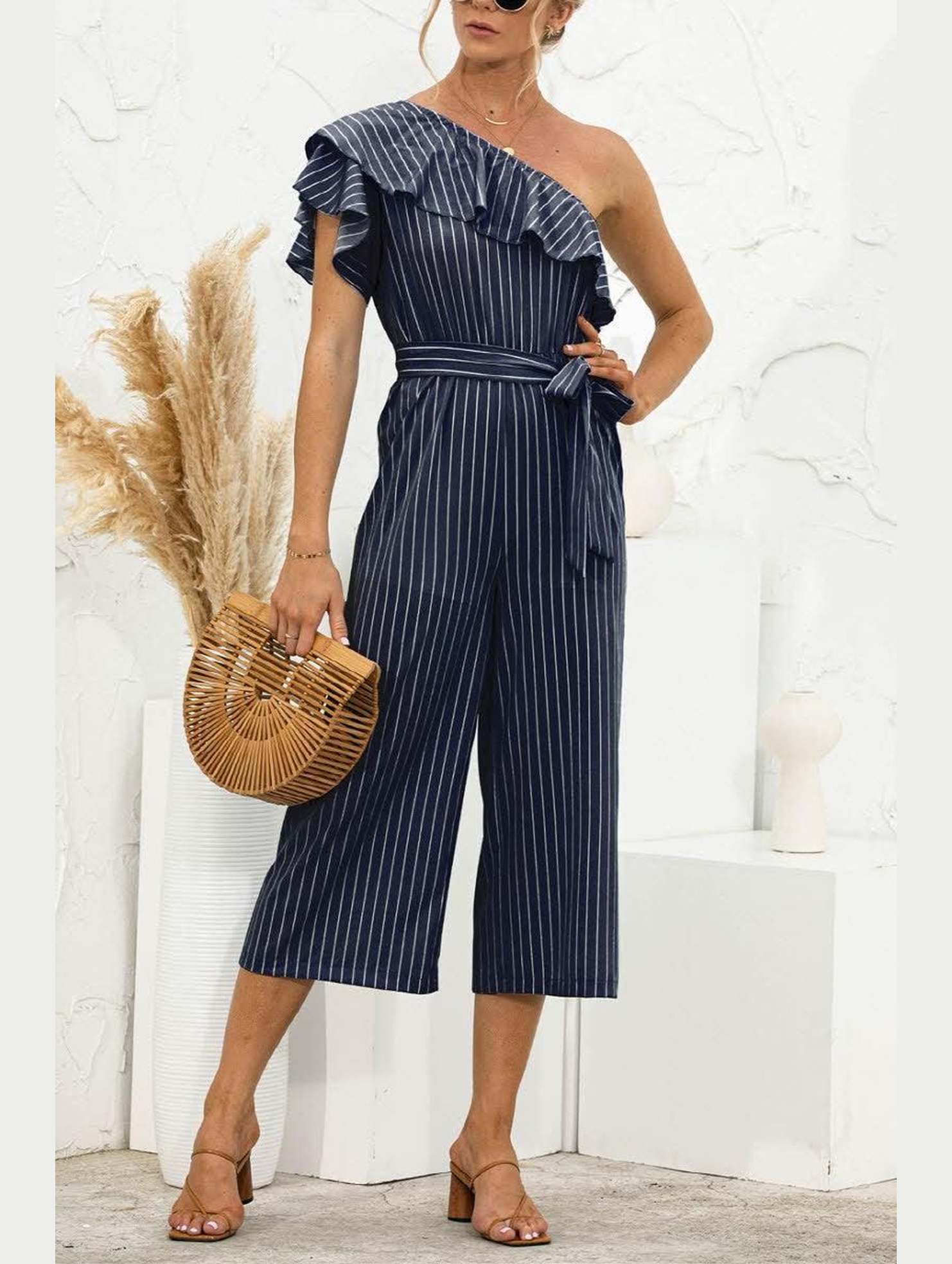 SLANTED SHOULDER RUFFLED STRIPED JUMPSUIT - Doublju