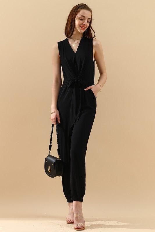 SLEEVELESS V NECK SLIM JUMPSUIT - Doublju