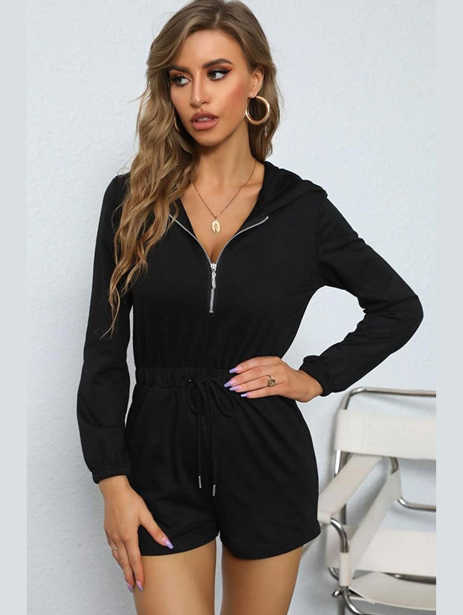 ZIP UP HODDIE DRAWSTRING LONG SLEEVED JUMPSUIT - Doublju