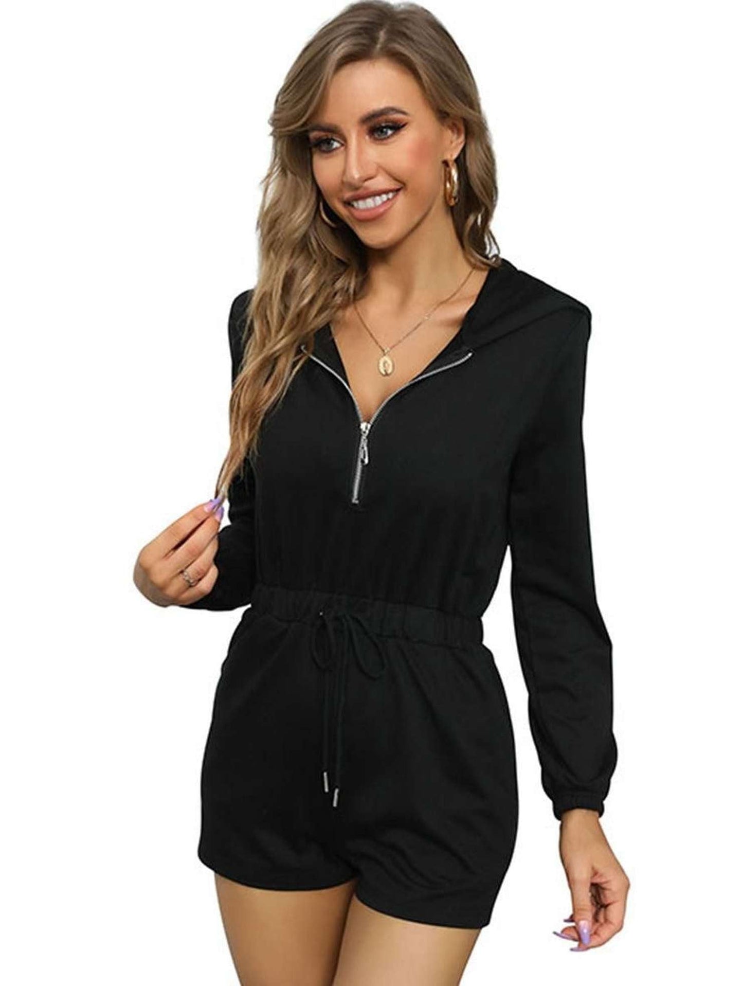 ZIP UP HODDIE DRAWSTRING LONG SLEEVED JUMPSUIT - Doublju