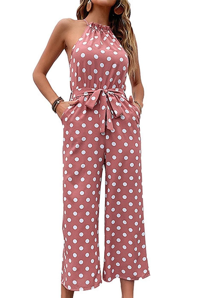 DOT HALTER NECK TIED WAIST WIDE JUMPSUIT - Doublju