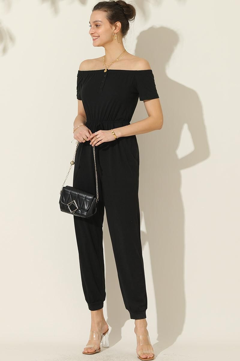 OFF SHOULDER DROWSTRING JUMPSUIT - Doublju