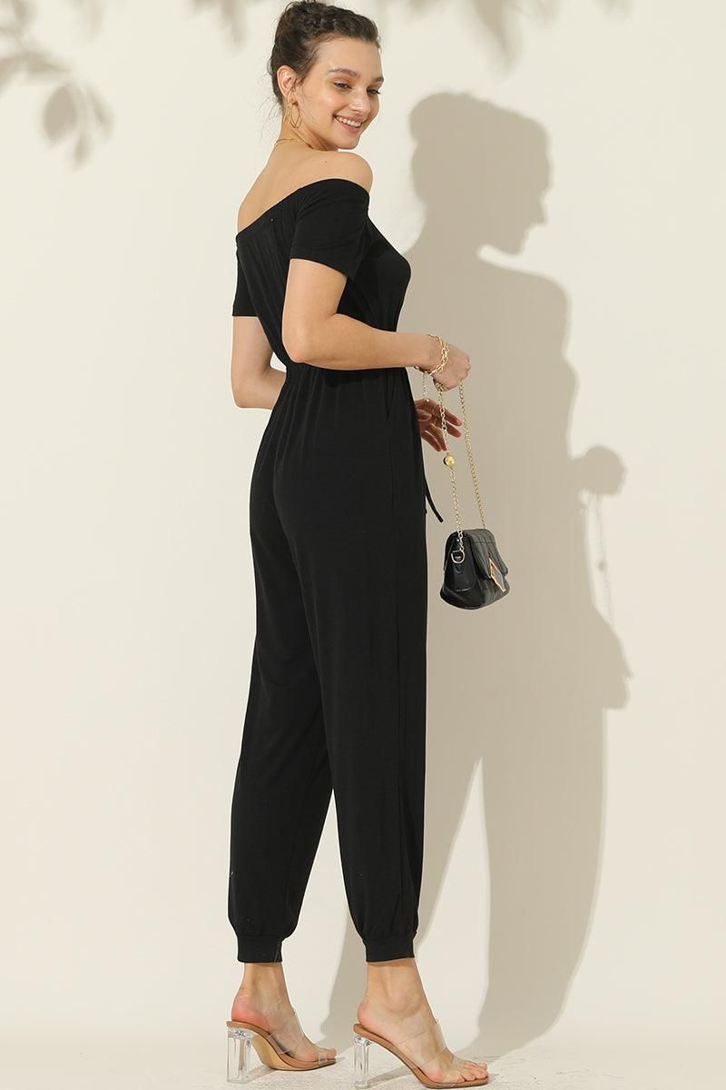 OFF SHOULDER DROWSTRING JUMPSUIT - Doublju