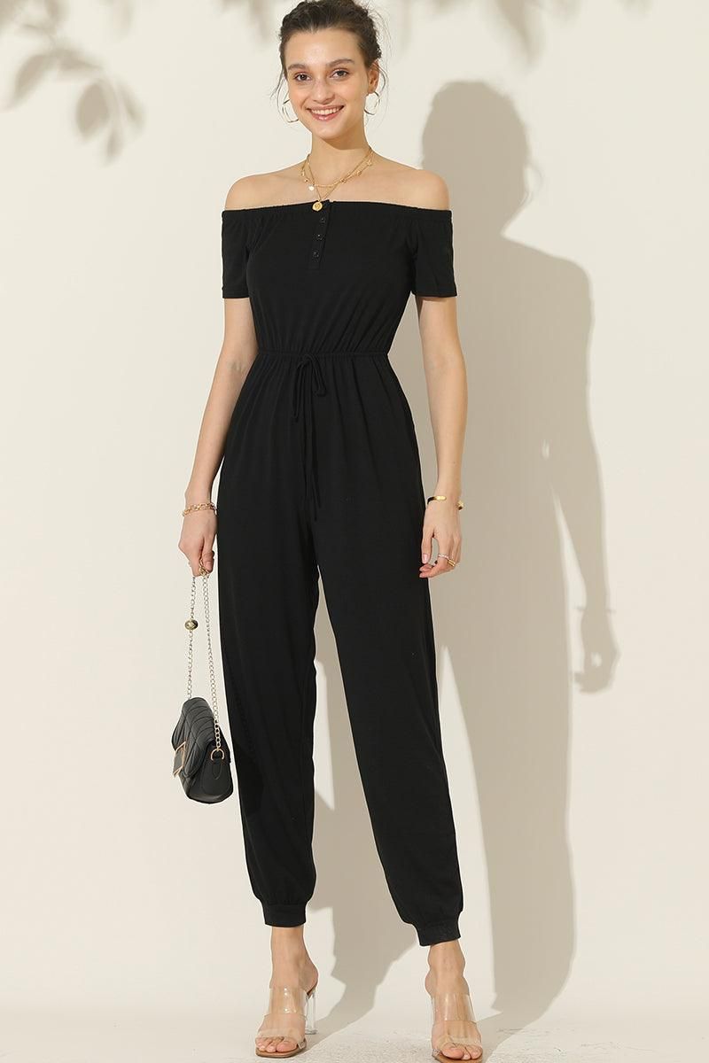 OFF SHOULDER DROWSTRING JUMPSUIT - Doublju