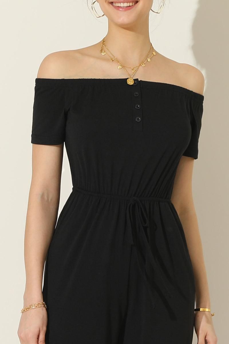 OFF SHOULDER DROWSTRING JUMPSUIT - Doublju