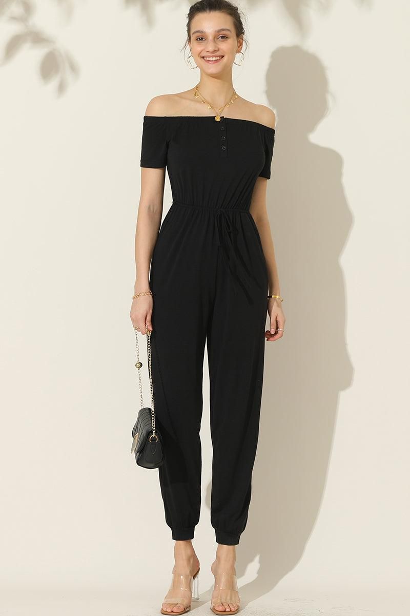 OFF SHOULDER DROWSTRING JUMPSUIT - Doublju
