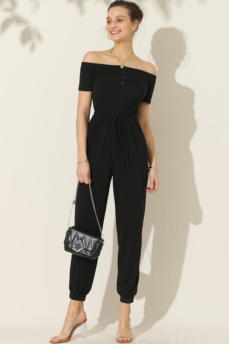 OFF SHOULDER DROWSTRING JUMPSUIT - Doublju