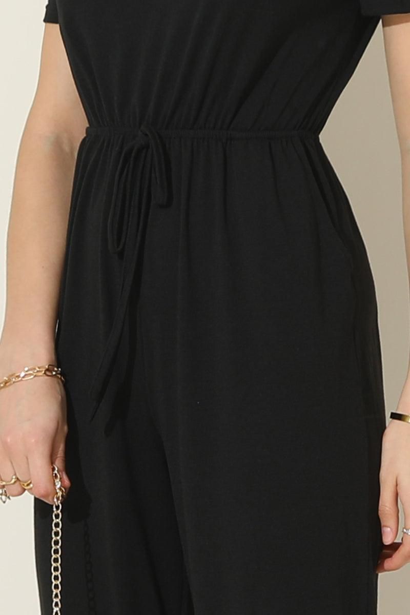 OFF SHOULDER DROWSTRING JUMPSUIT - Doublju
