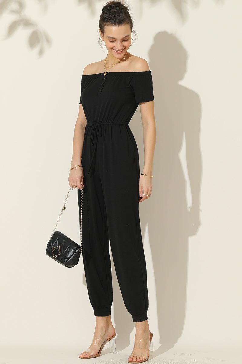 OFF SHOULDER DROWSTRING JUMPSUIT - Doublju