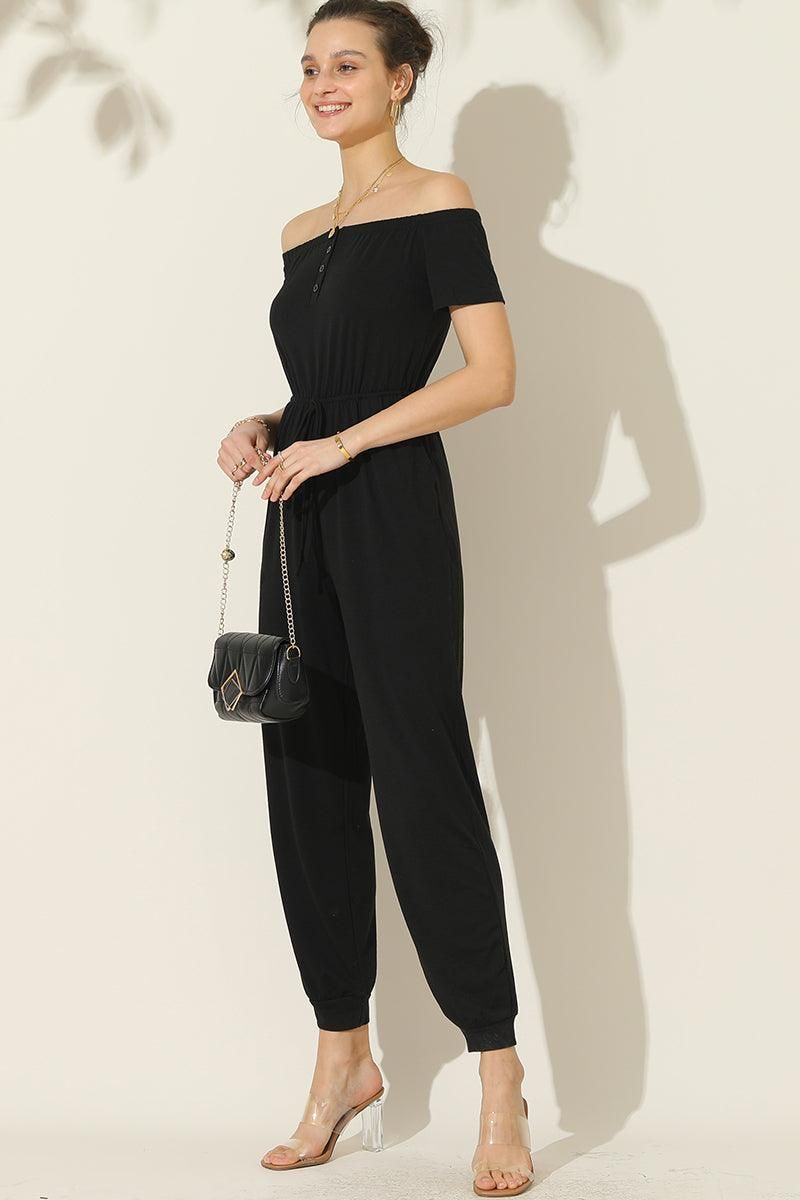 OFF SHOULDER DROWSTRING JUMPSUIT - Doublju