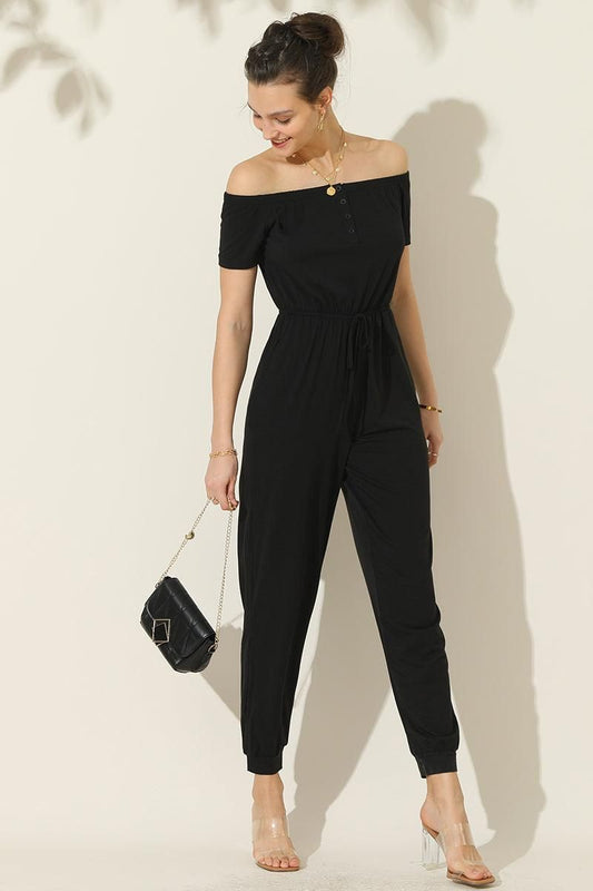 OFF SHOULDER DROWSTRING JUMPSUIT - Doublju