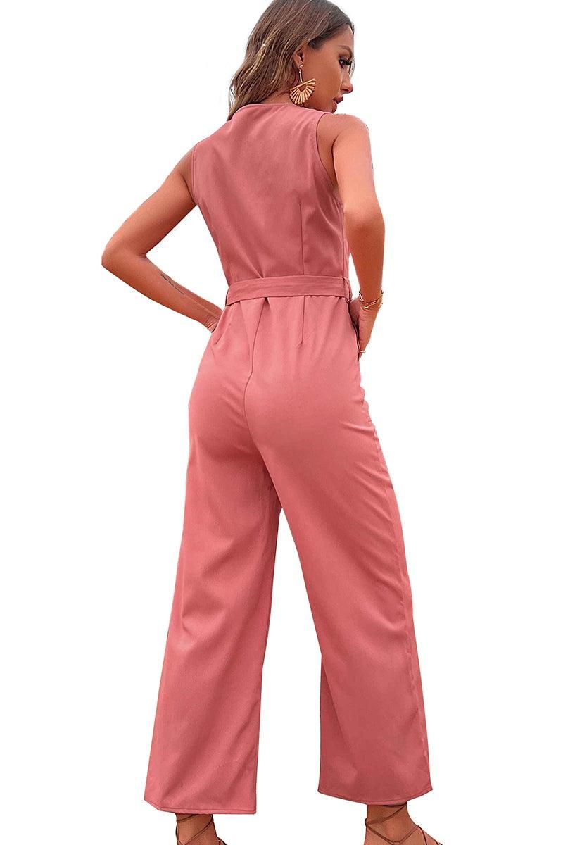 BIG POCKET TIED WAIST SLEEVELESS JUMPSUIT - Doublju