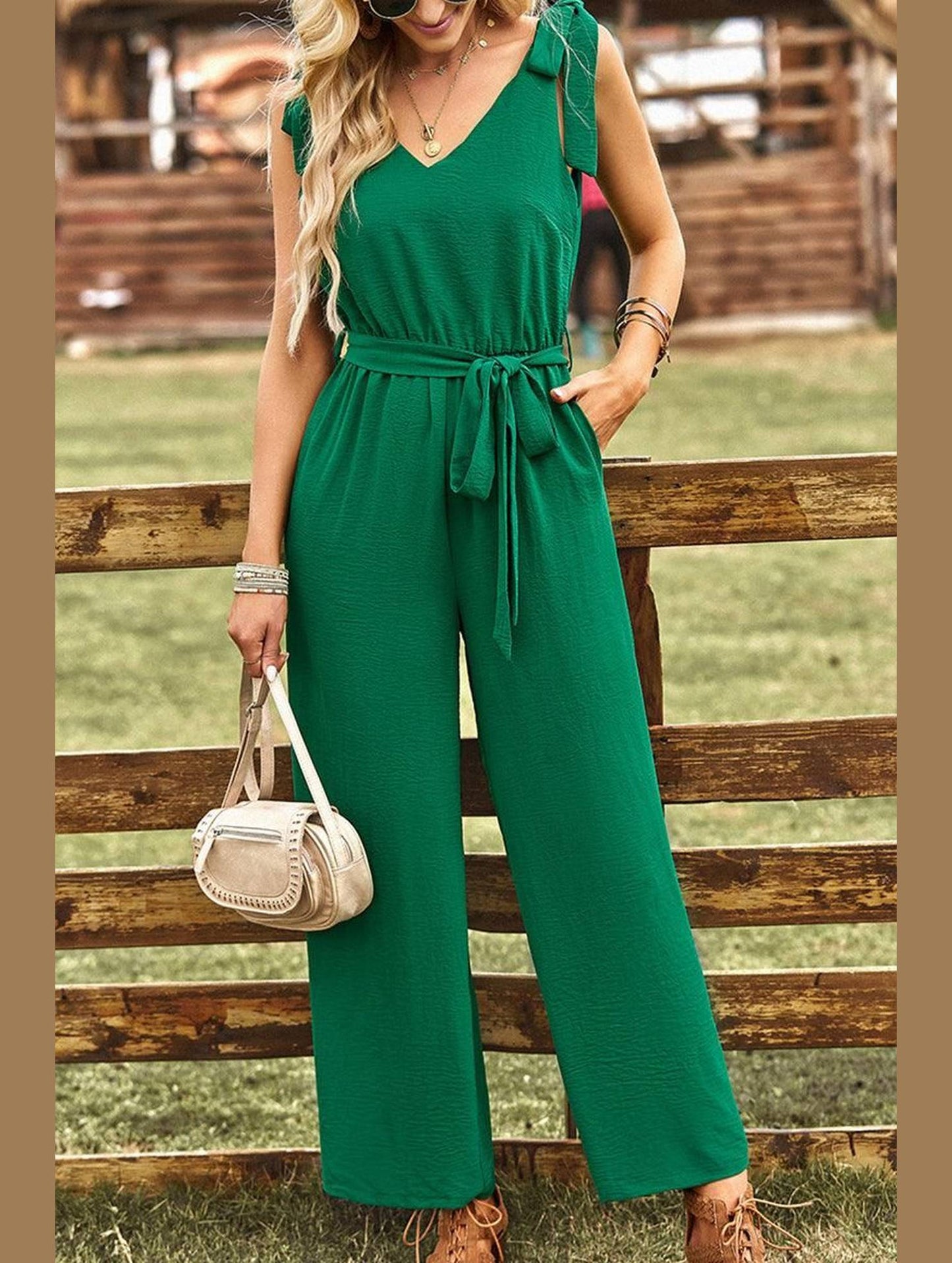 V NECK TIED WAIST RIBBON STRAP WIDE JUMPSUIT - Doublju