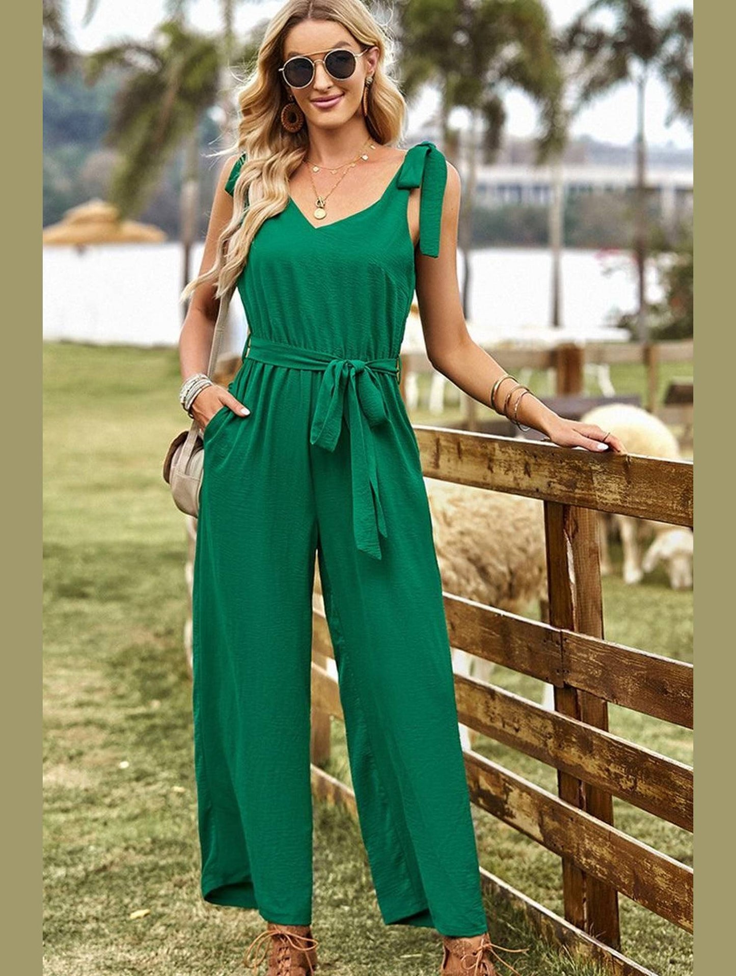 V NECK TIED WAIST RIBBON STRAP WIDE JUMPSUIT - Doublju