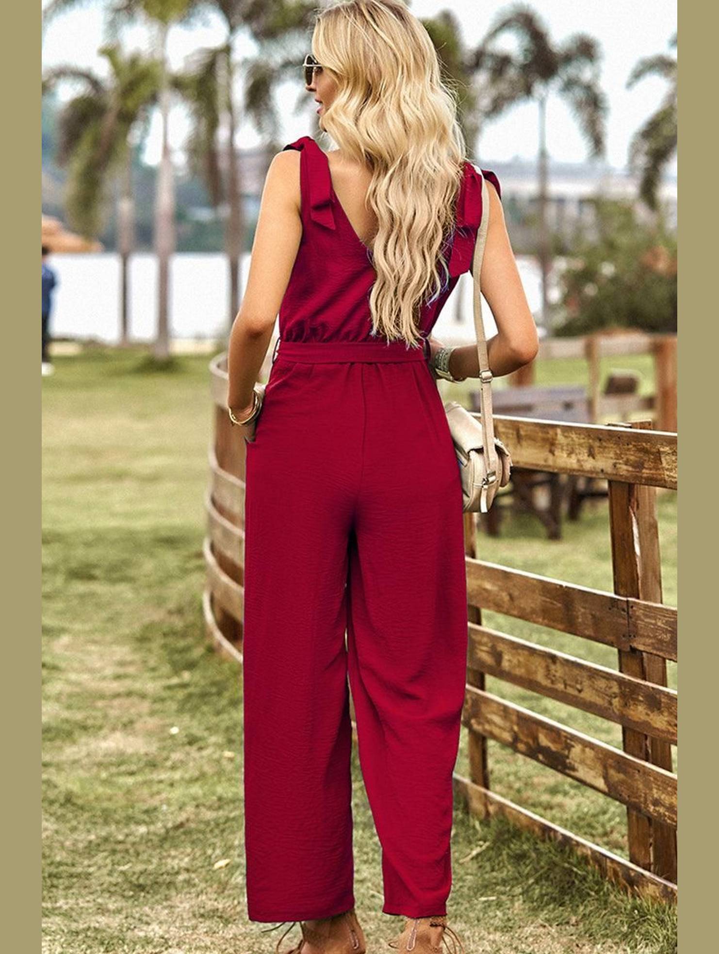V NECK TIED WAIST RIBBON STRAP WIDE JUMPSUIT - Doublju
