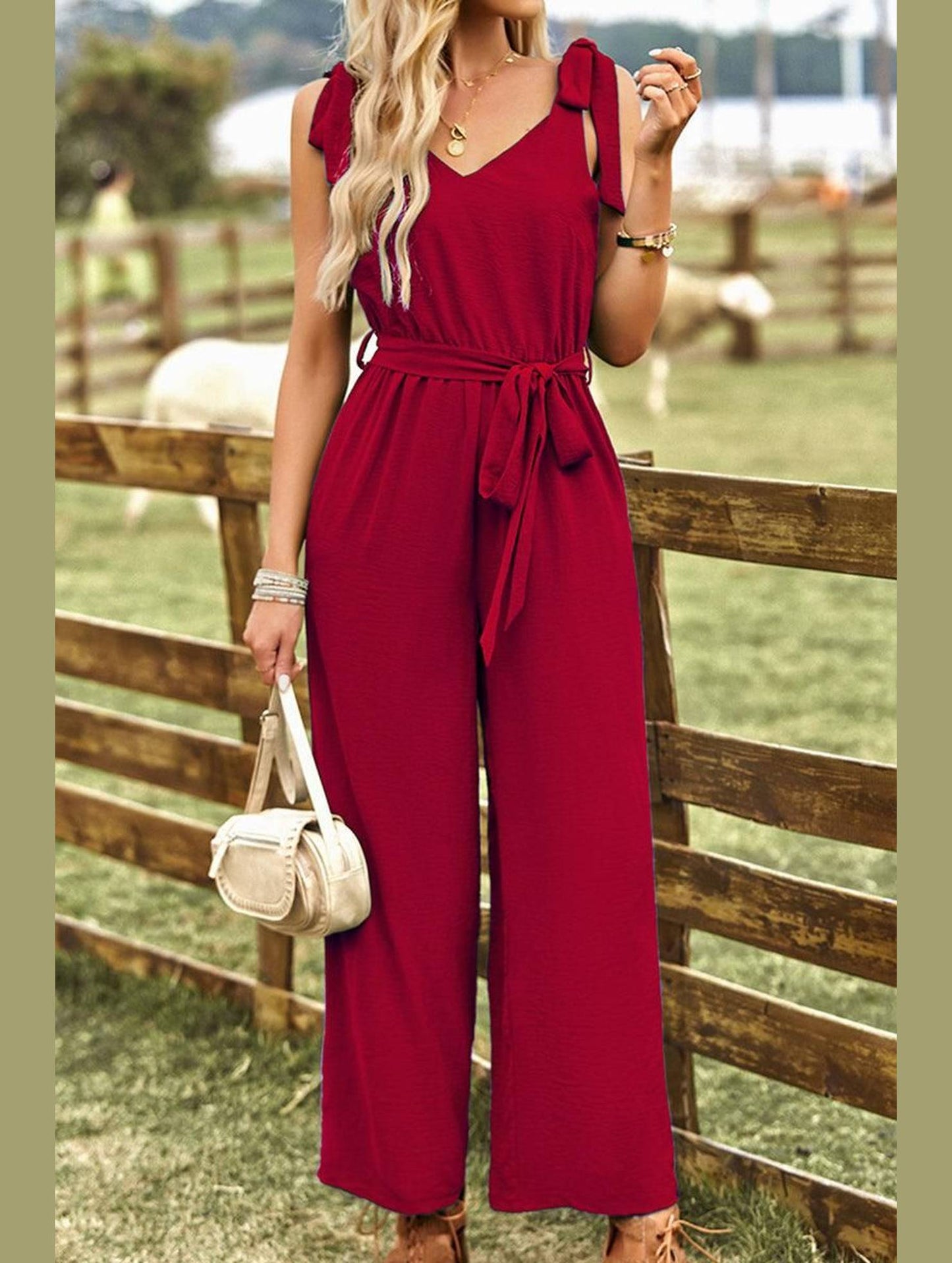 V NECK TIED WAIST RIBBON STRAP WIDE JUMPSUIT - Doublju