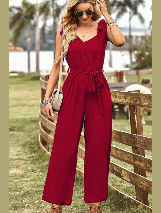 V NECK TIED WAIST RIBBON STRAP WIDE JUMPSUIT - Doublju