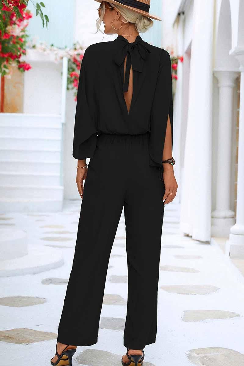 HIGH NECK SLIT BACK CAPE SLEEVE JUMPSUIT - Doublju