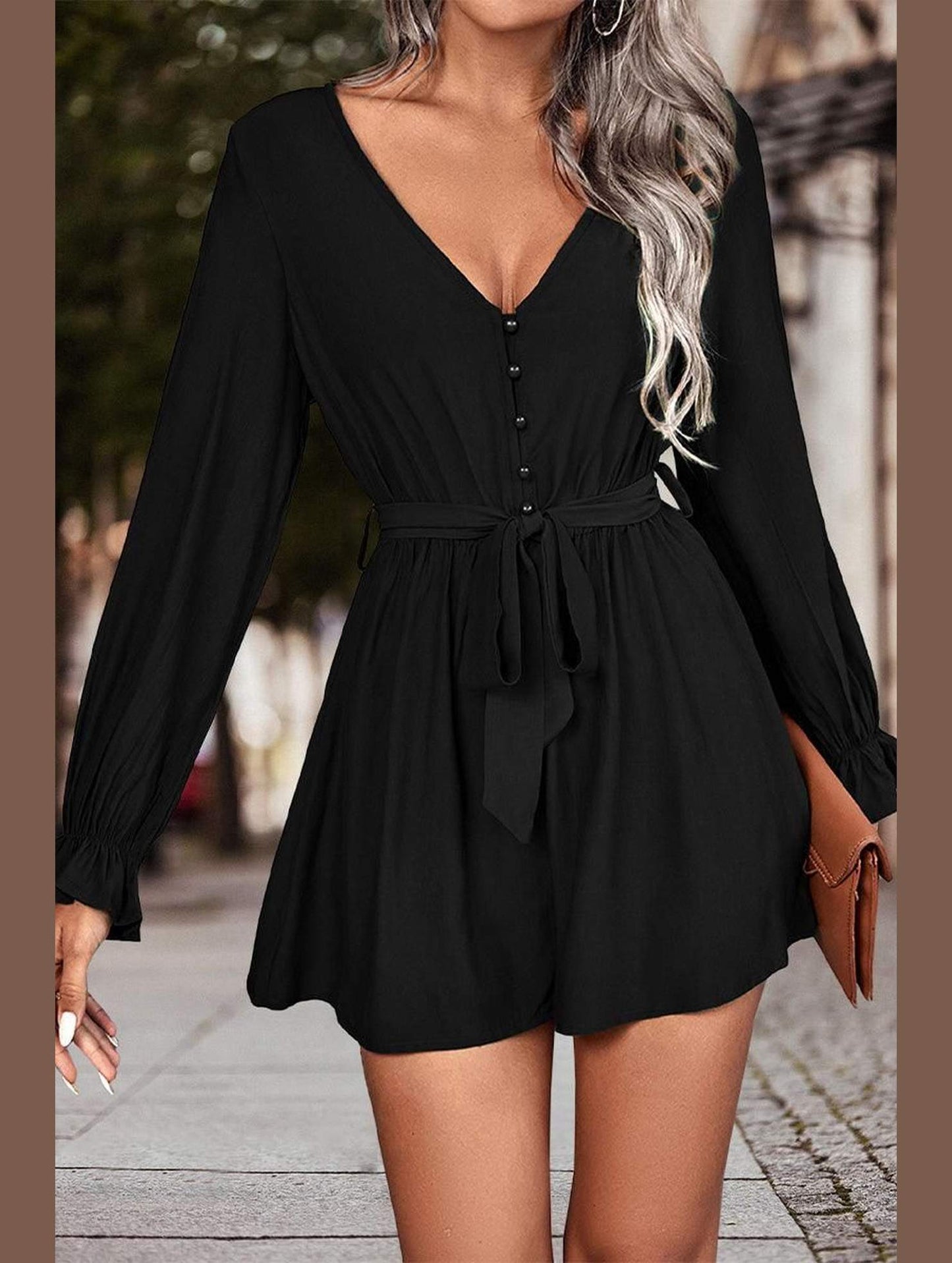 WAIST TIED SEXY DEEP V NECK DRESS - Doublju