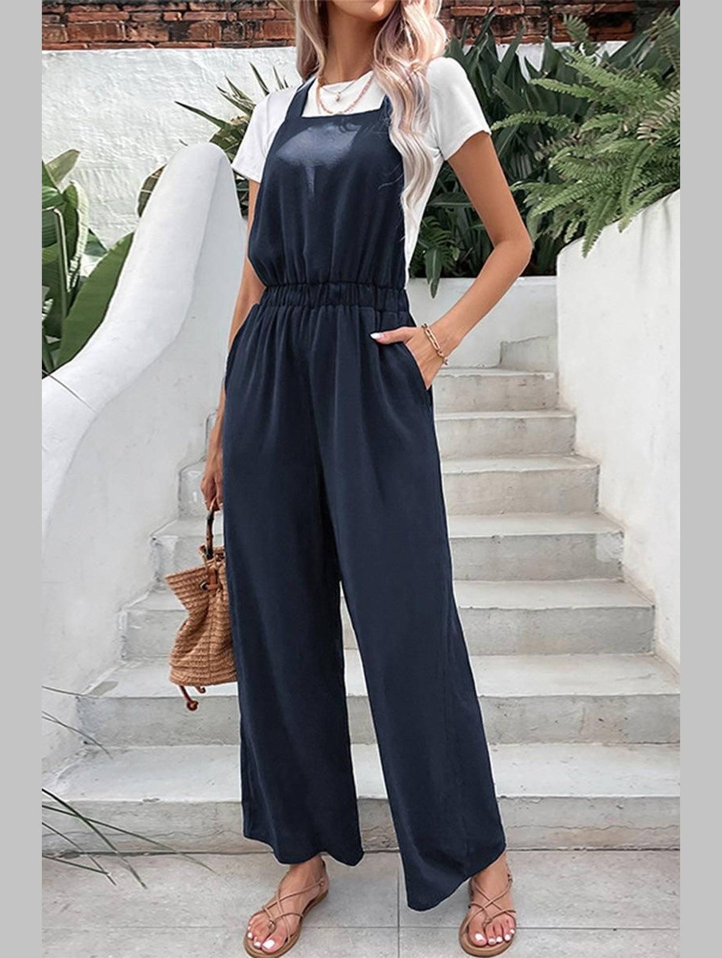 DRAWSTRING WAIST WOMEN JUMPSUIT WITH POCKETS - Doublju