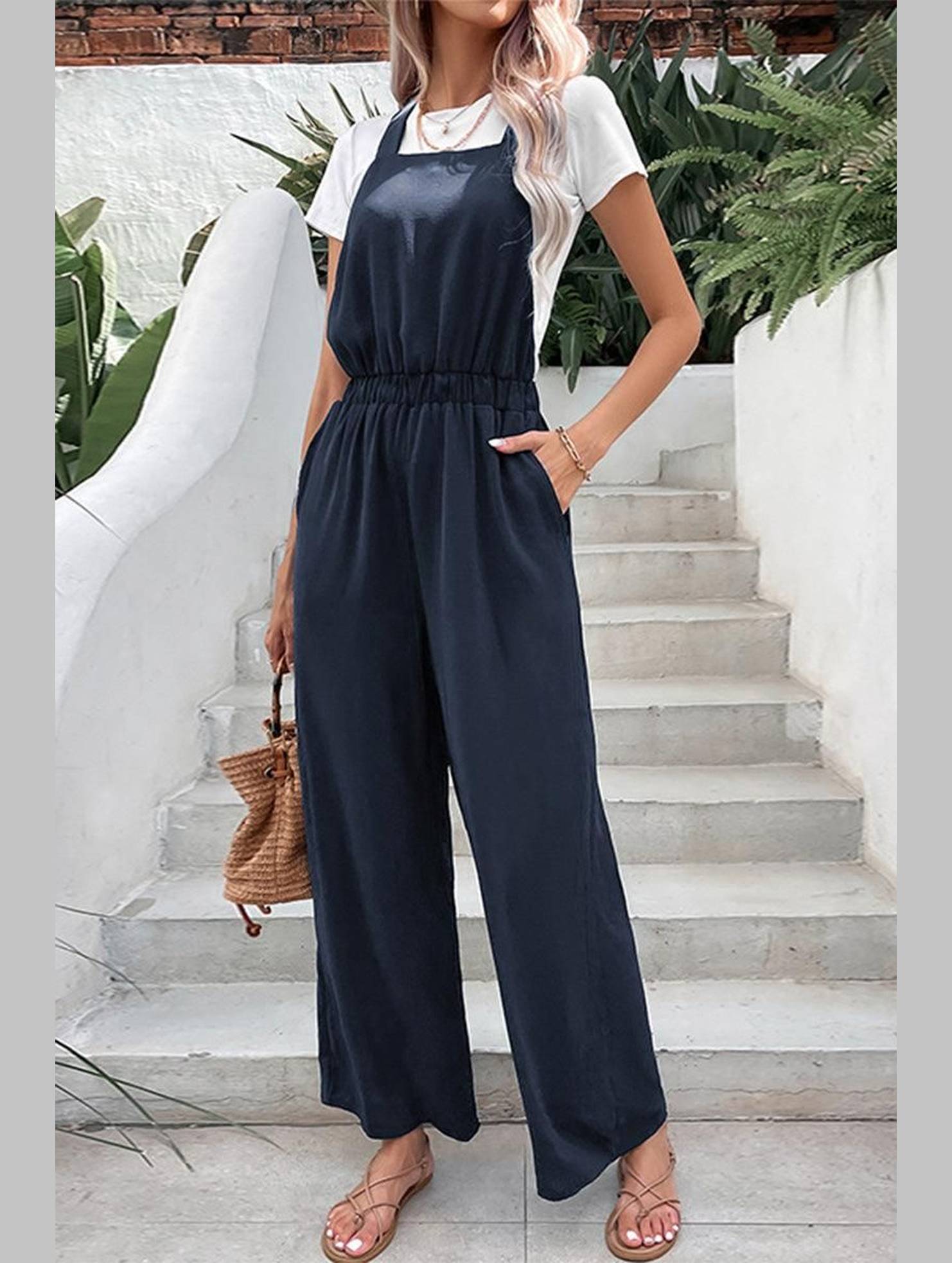 DRAWSTRING WAIST WOMEN JUMPSUIT WITH POCKETS - Doublju
