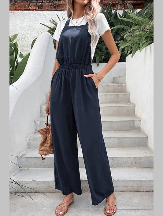 DRAWSTRING WAIST WOMEN JUMPSUIT WITH POCKETS - Doublju