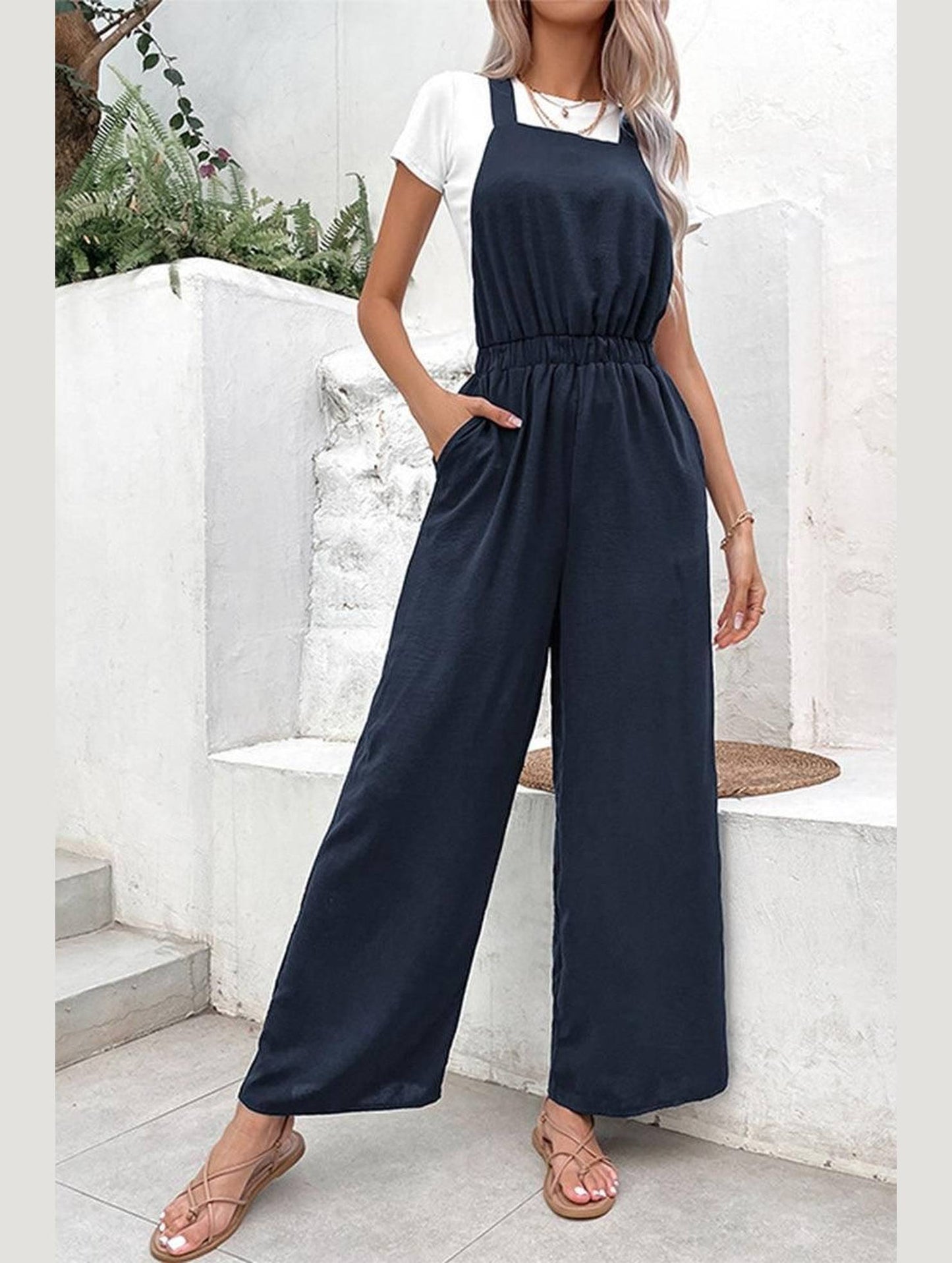 DRAWSTRING WAIST WOMEN JUMPSUIT WITH POCKETS - Doublju