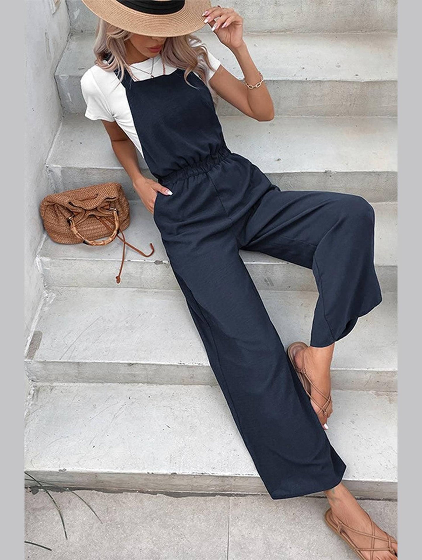 DRAWSTRING WAIST WOMEN JUMPSUIT WITH POCKETS - Doublju