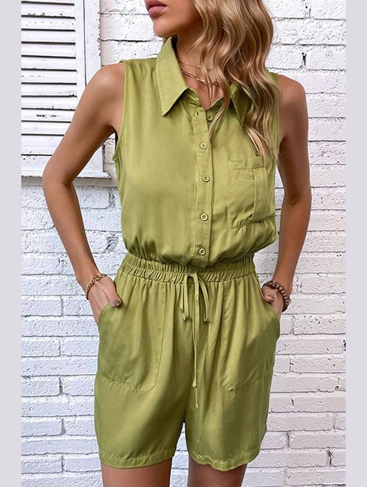 COLLARED SLEEVELESS JUMPSUIT - Doublju