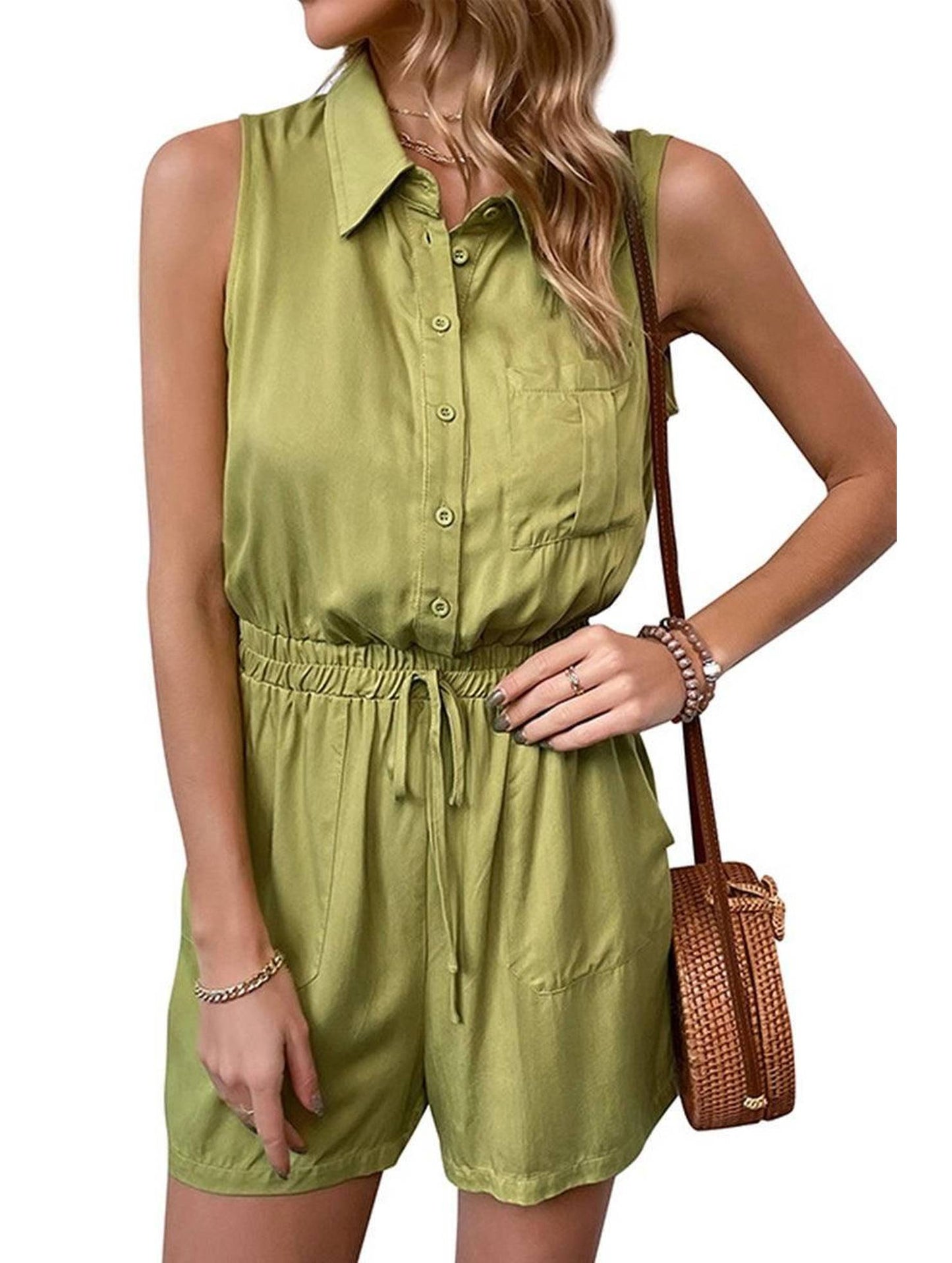 COLLARED SLEEVELESS JUMPSUIT - Doublju