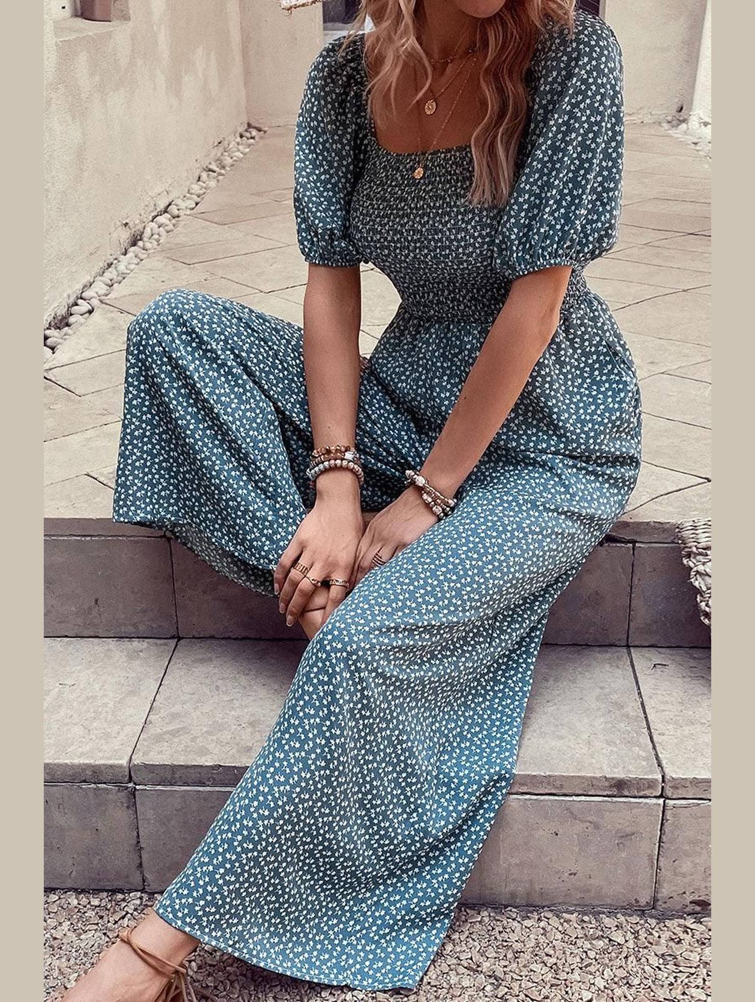 SQUARED NECK FLORAL LOOSE FIT JUMPSUIT - Doublju