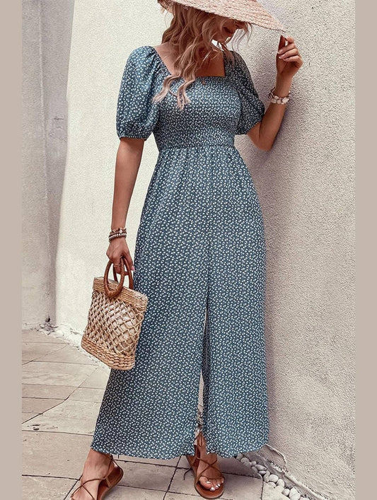 SQUARED NECK FLORAL LOOSE FIT JUMPSUIT - Doublju
