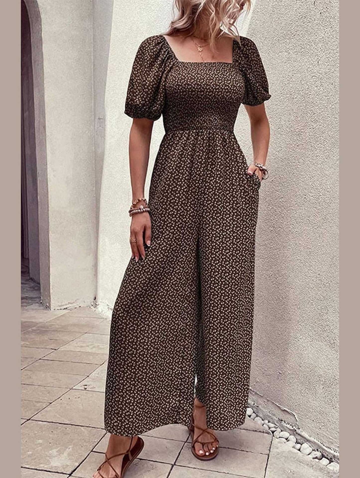 SQUARED NECK FLORAL LOOSE FIT JUMPSUIT - Doublju