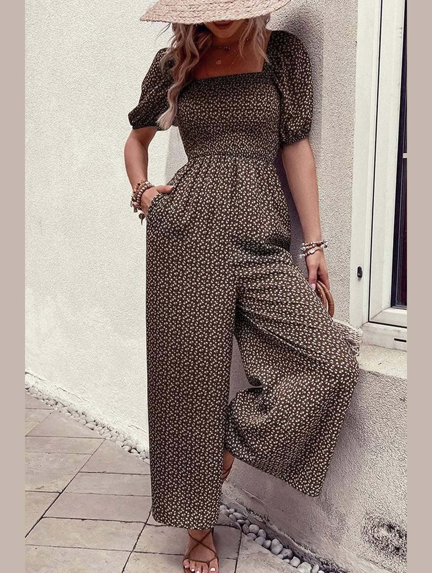 SQUARED NECK FLORAL LOOSE FIT JUMPSUIT - Doublju