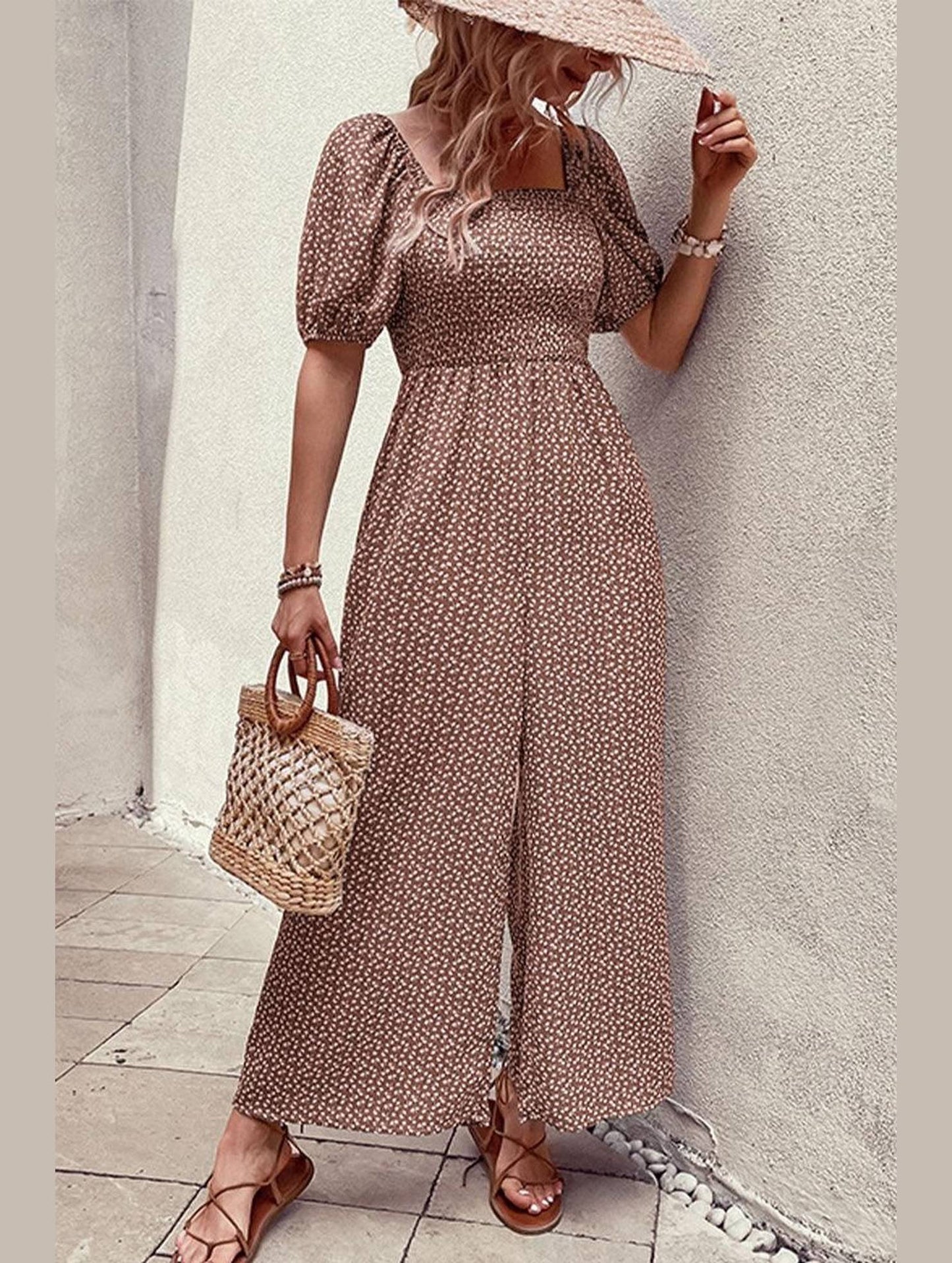 SQUARED NECK FLORAL LOOSE FIT JUMPSUIT - Doublju