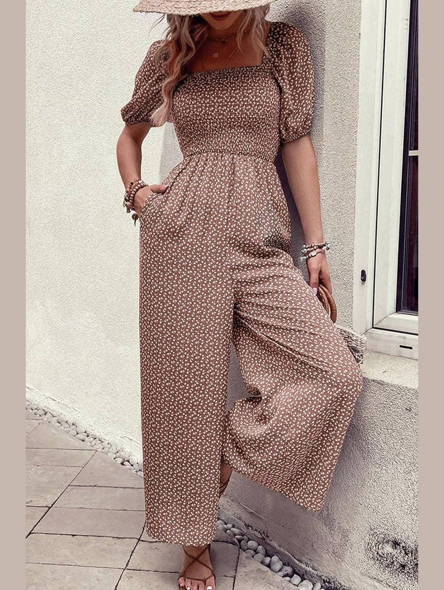 SQUARED NECK FLORAL LOOSE FIT JUMPSUIT - Doublju