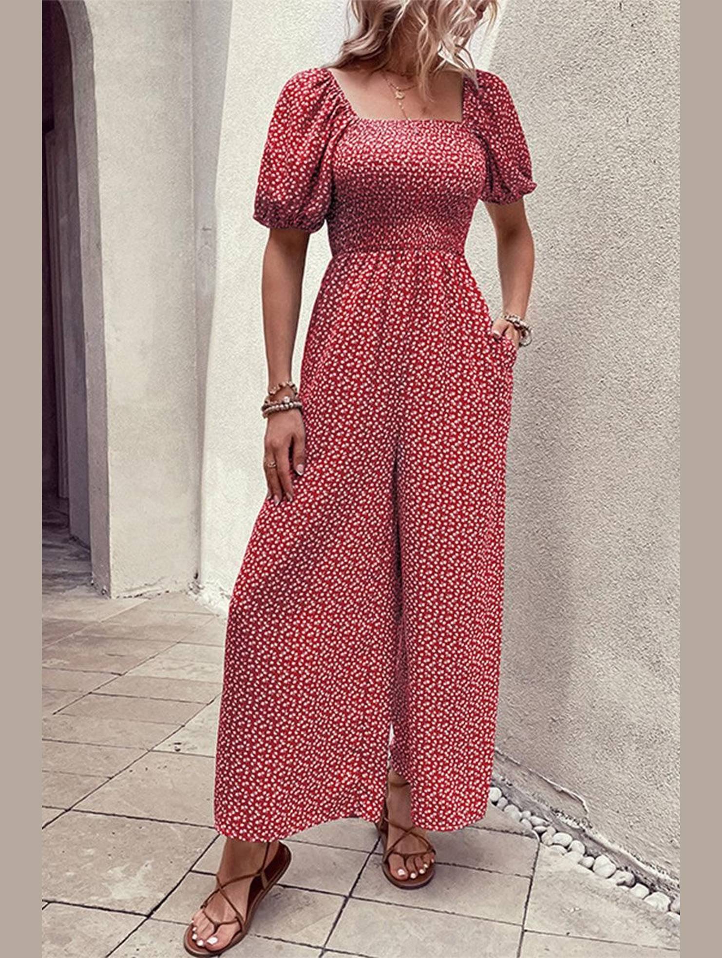 SQUARED NECK FLORAL LOOSE FIT JUMPSUIT - Doublju
