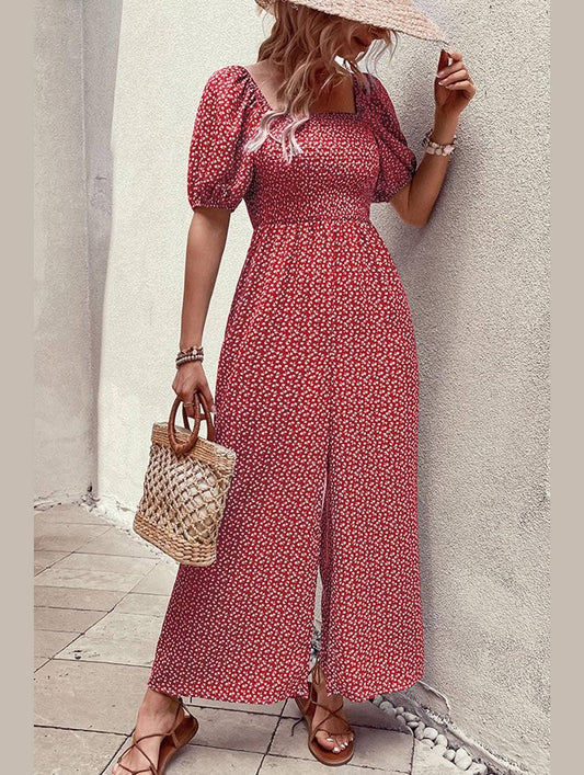 SQUARED NECK FLORAL LOOSE FIT JUMPSUIT - Doublju