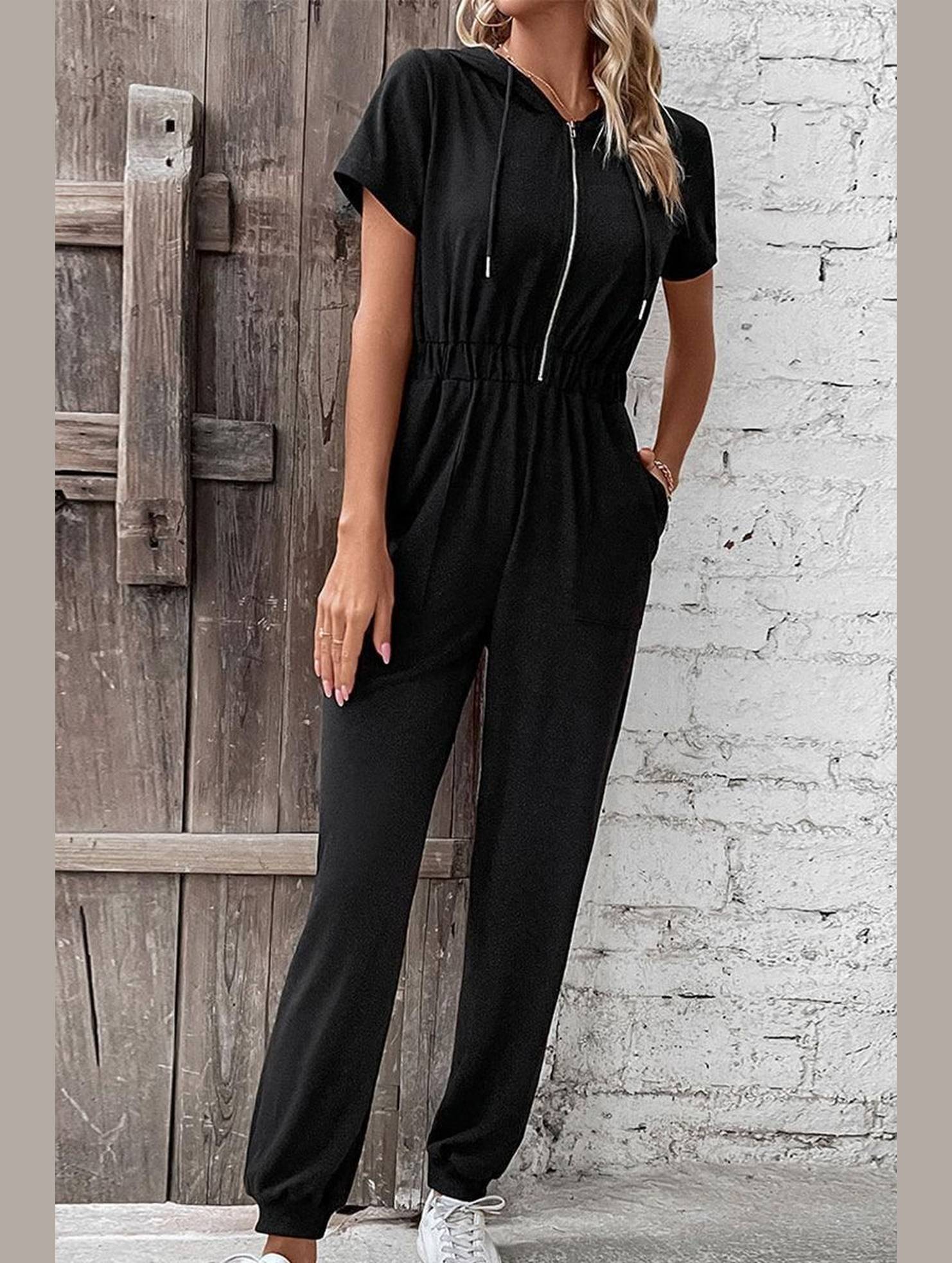 WOMEN HALF ZIP UP HOODED ELASTIC WAIST JUMPSUIT - Doublju