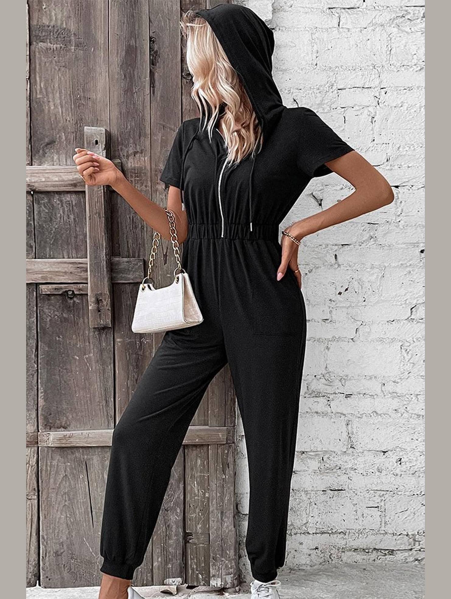 WOMEN HALF ZIP UP HOODED ELASTIC WAIST JUMPSUIT - Doublju