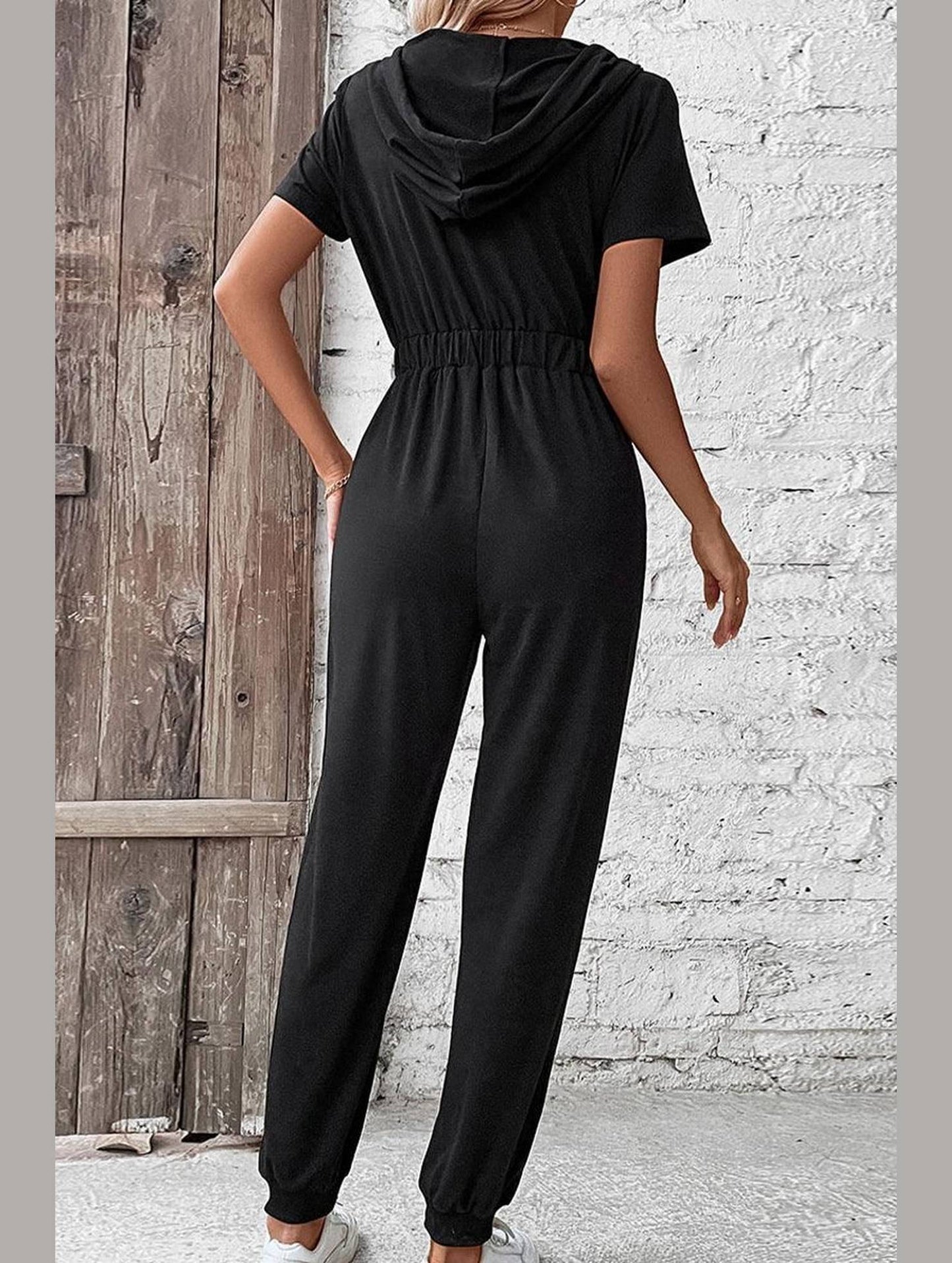 WOMEN HALF ZIP UP HOODED ELASTIC WAIST JUMPSUIT - Doublju