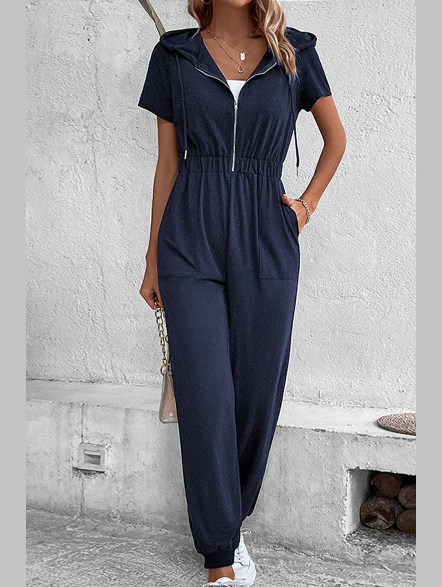 WOMEN HALF ZIP UP HOODED ELASTIC WAIST JUMPSUIT - Doublju