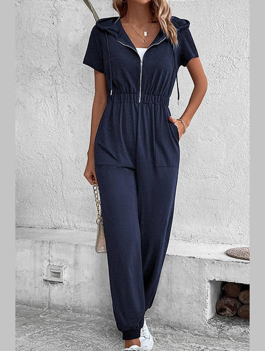 WOMEN HALF ZIP UP HOODED ELASTIC WAIST JUMPSUIT - Doublju