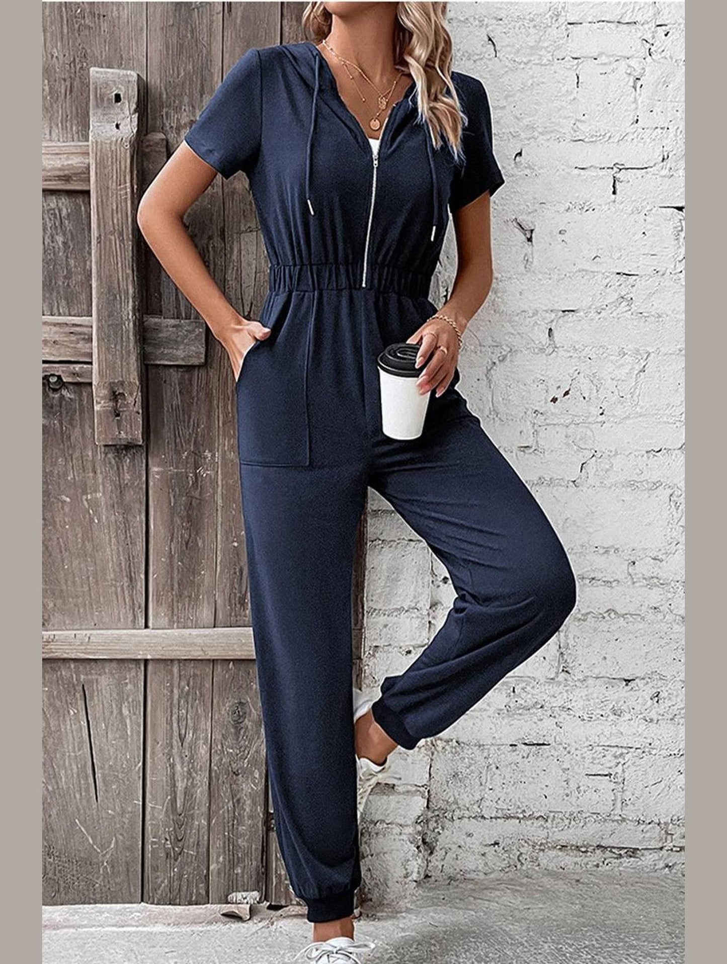 WOMEN HALF ZIP UP HOODED ELASTIC WAIST JUMPSUIT - Doublju