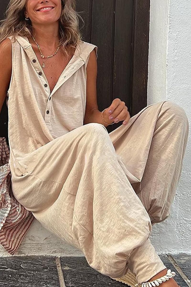 WOMEN BUTTON NECK SLEEVELESS HOODIE JUMPSUIT - Doublju