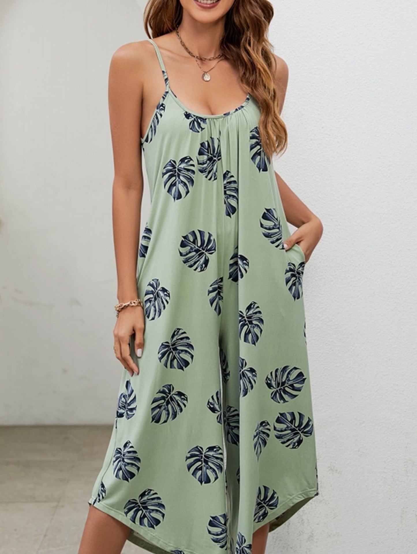 Halter Neck Jumpsuit with Pockets - Printed Casual Summer Romper