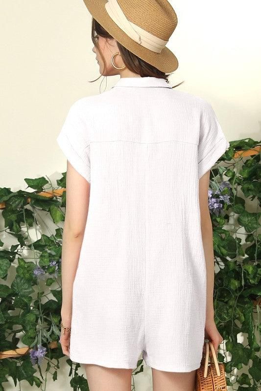JOHNNY COLLARS BUTTON CLOSER SHORT JUMPSUIT ROMPER - Doublju